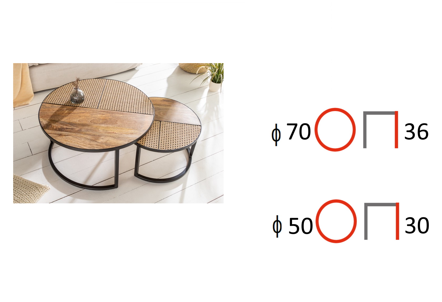 zestaw dwóch okrągłych stolików z drewna i rattanu vienna round, wymiary stolików